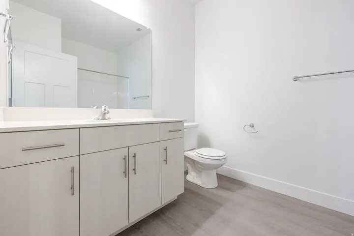Bathroom featuring a wide vanity with a single basin, light wood-finish cabinetry with brushed nickel hardware, a spacious mirror, and wood-finish flooring