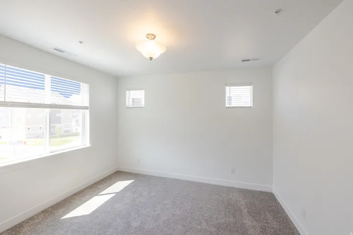 Carpeted room featuring multiple windows with blinds, white walls, and a ceiling-mounted light fixture