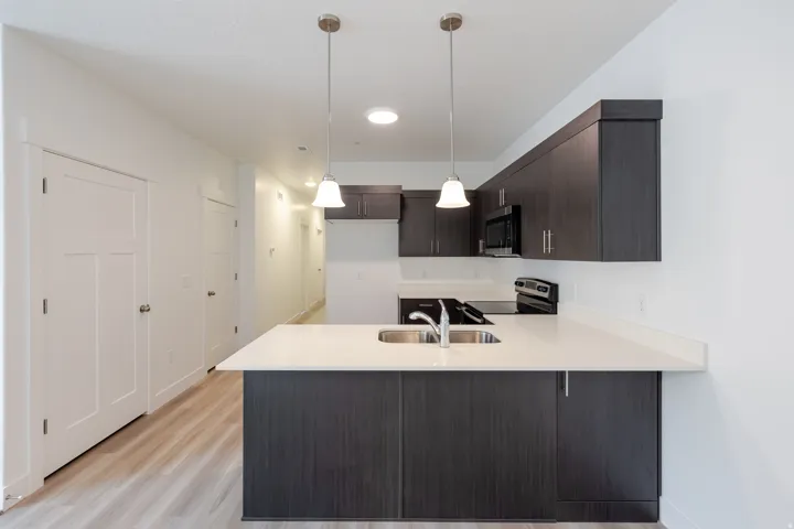 Modern kitchen island with an undermount double-basin sink, gooseneck faucet, and light-toned solid surface countertop