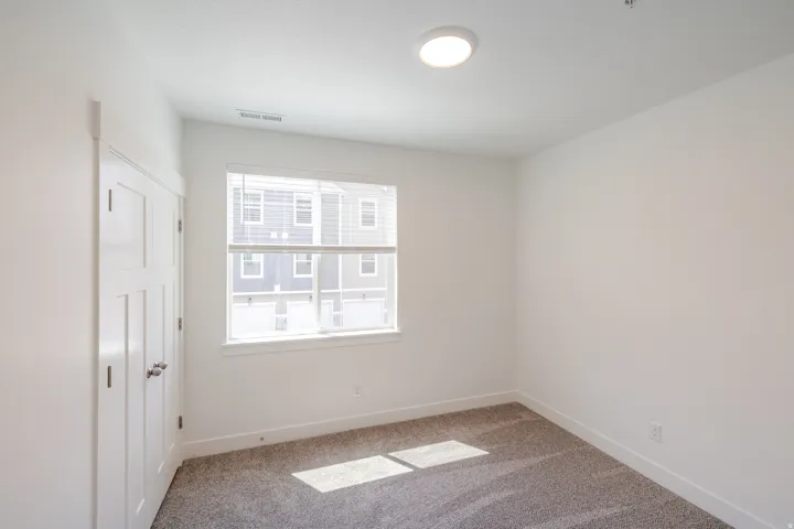 Bright interior room featuring a window with blinds, soft gray carpet flooring, white walls, a flush-mount ceiling light fixture, and a built-in closet with panel doors