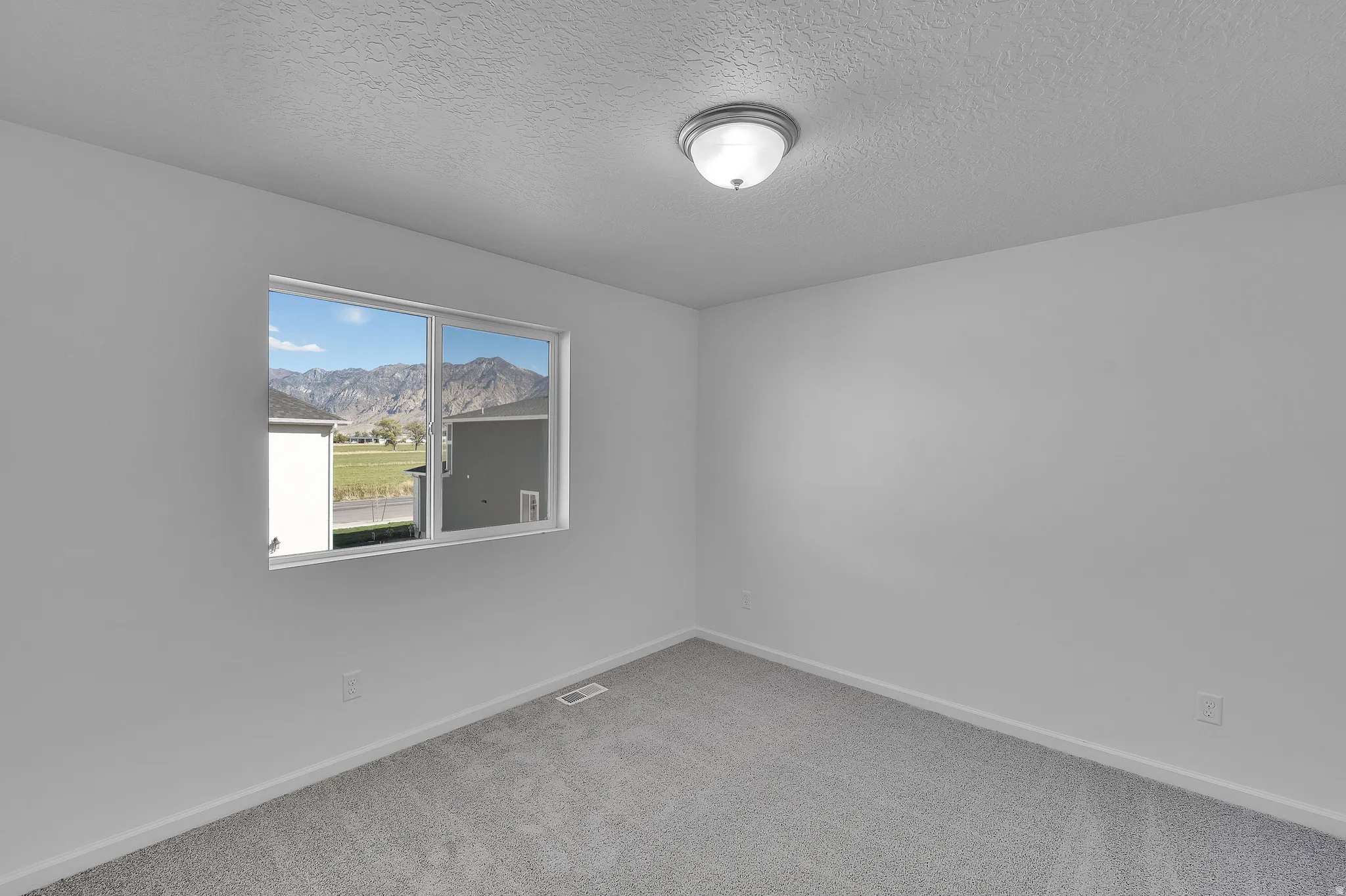 Unfurnished room featuring light colored carpet, a textured ceiling, and a mountain view