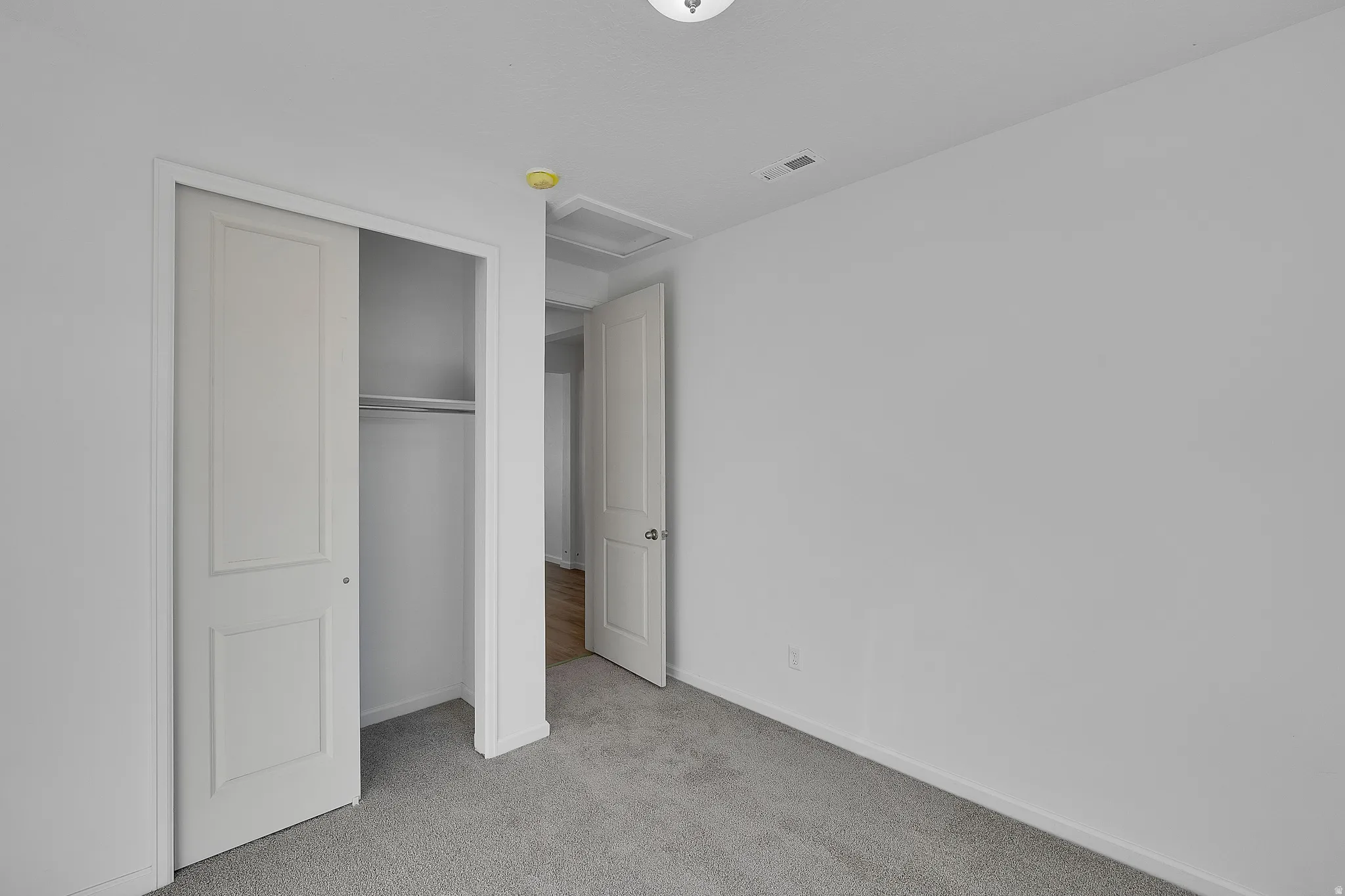 Unfurnished bedroom featuring attic access, light colored carpet, and a closet