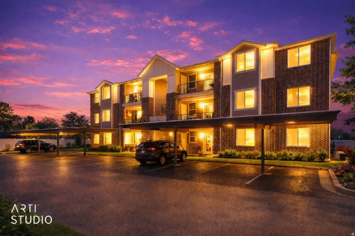 View of front of home with brick siding, covered parking, and a balcony