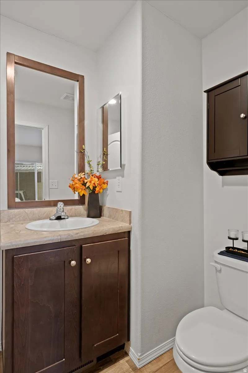 Bathroom featuring vanity and light wood-type flooring