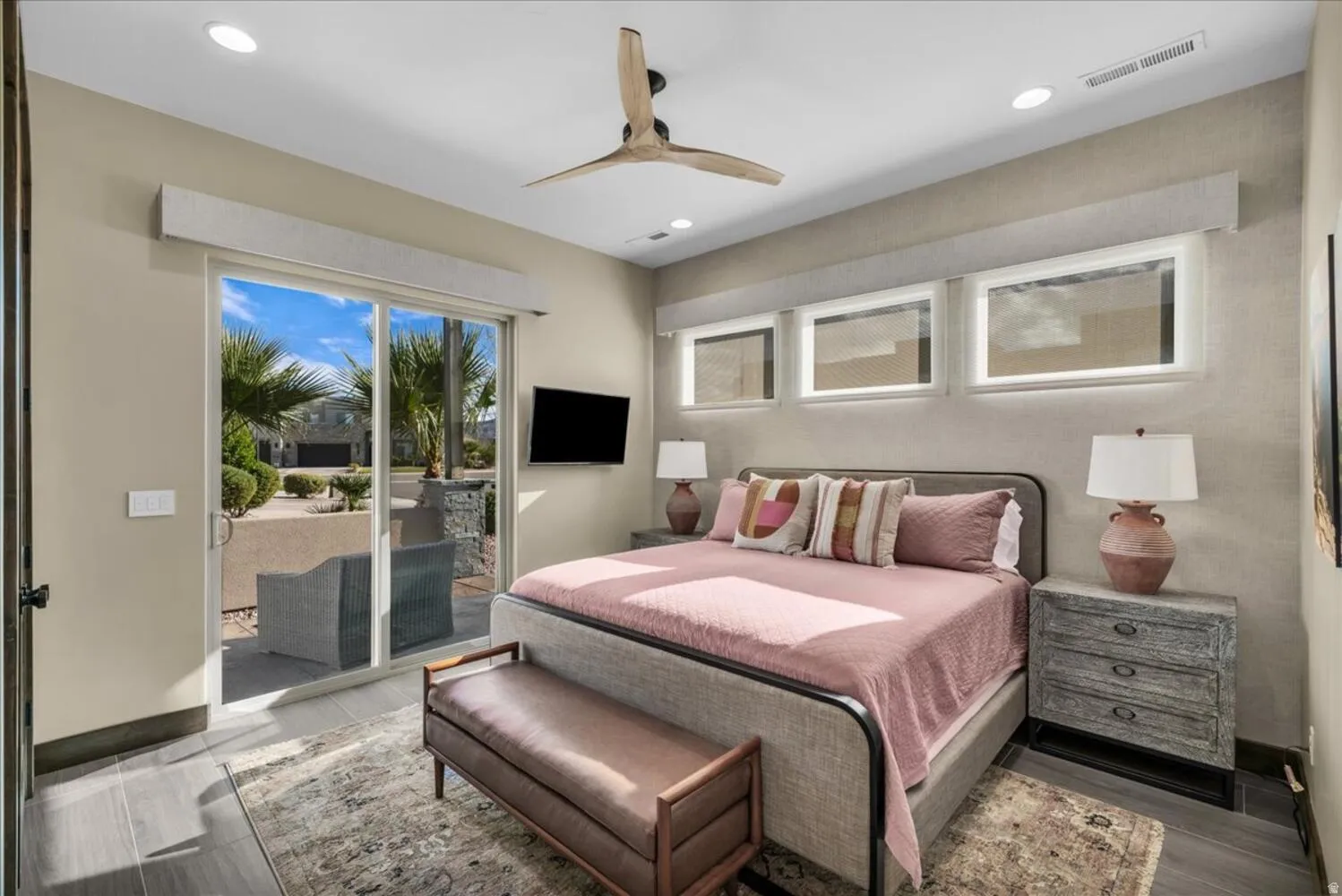 Bedroom featuring ceiling fan, access to outside, wood finished floors, and recessed lighting