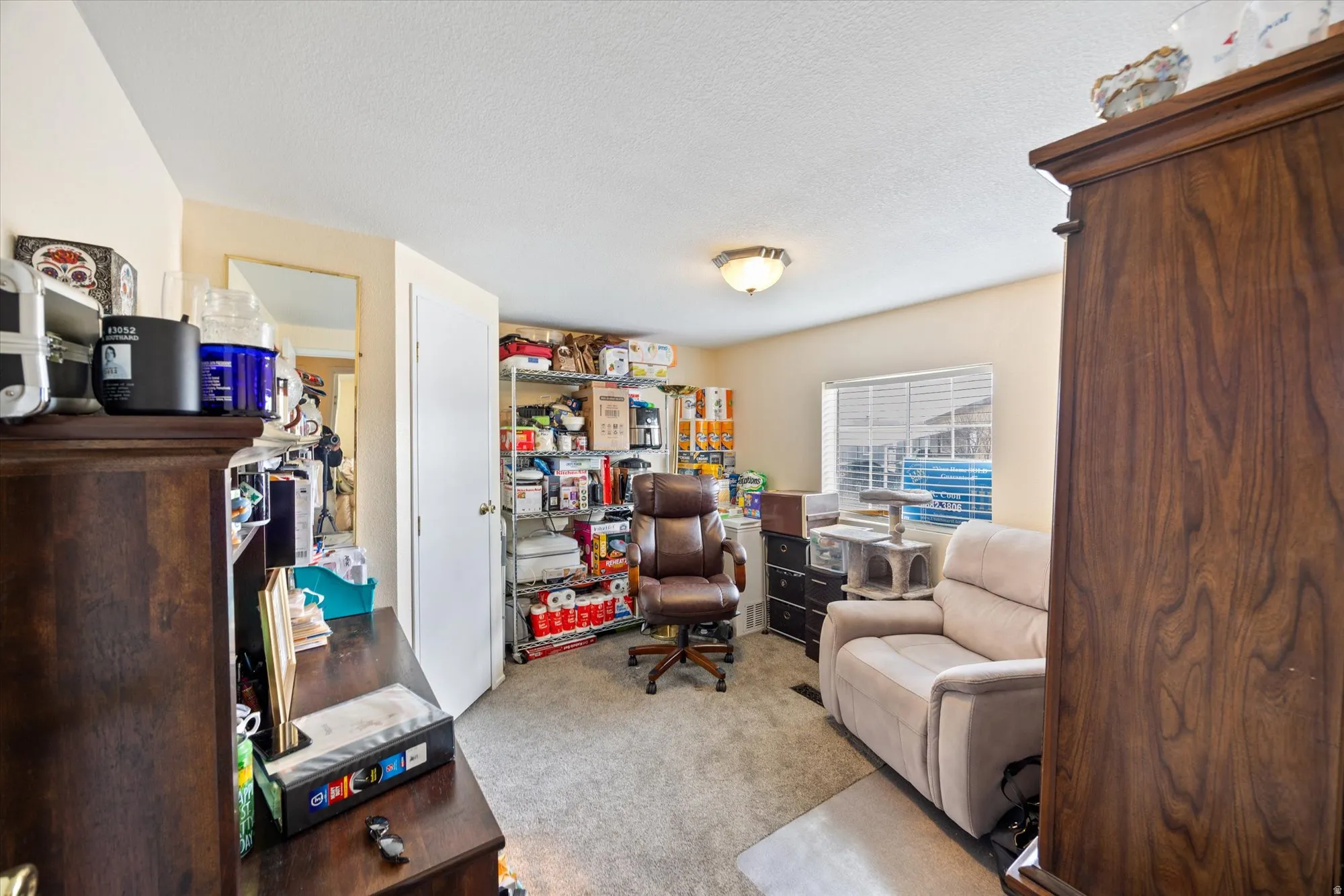 Sitting room featuring light colored carpet and a textured ceiling