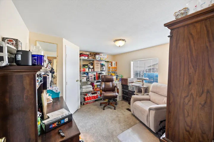 Sitting room featuring light colored carpet and a textured ceiling