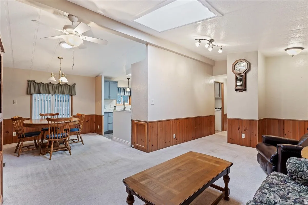 Living area with wood walls, light colored carpet, a wainscoted wall, ceiling fan, and a skylight