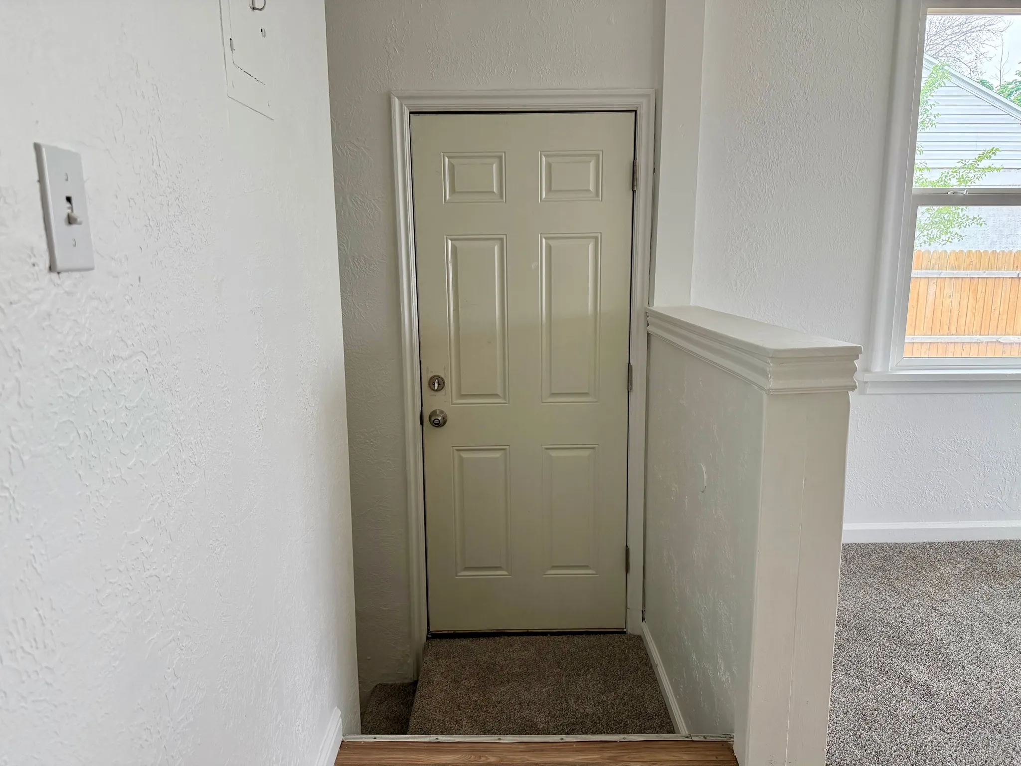 Entry side door with carpeted stairs