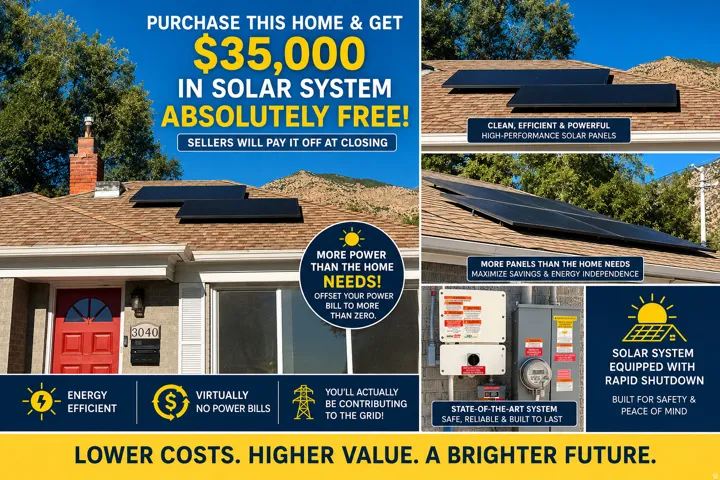 Real Estate Marketing Material. Presenting a property with solar energy system benefits and financial incentives
