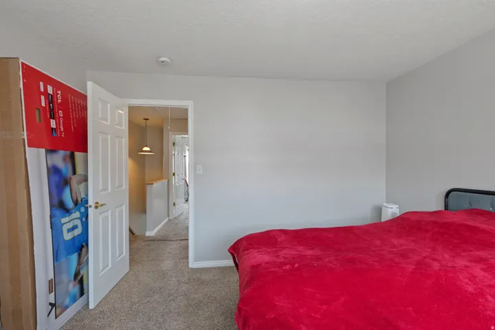 Bedroom featuring light colored carpet and a textured ceiling