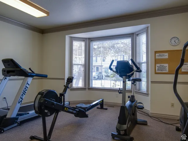 Workout room with ornamental molding