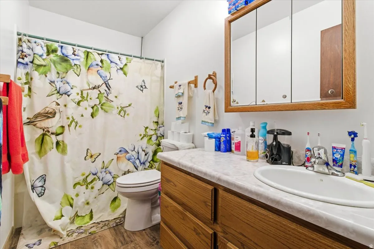 Bathroom featuring a shower with curtain, vanity, and dark wood-style floors