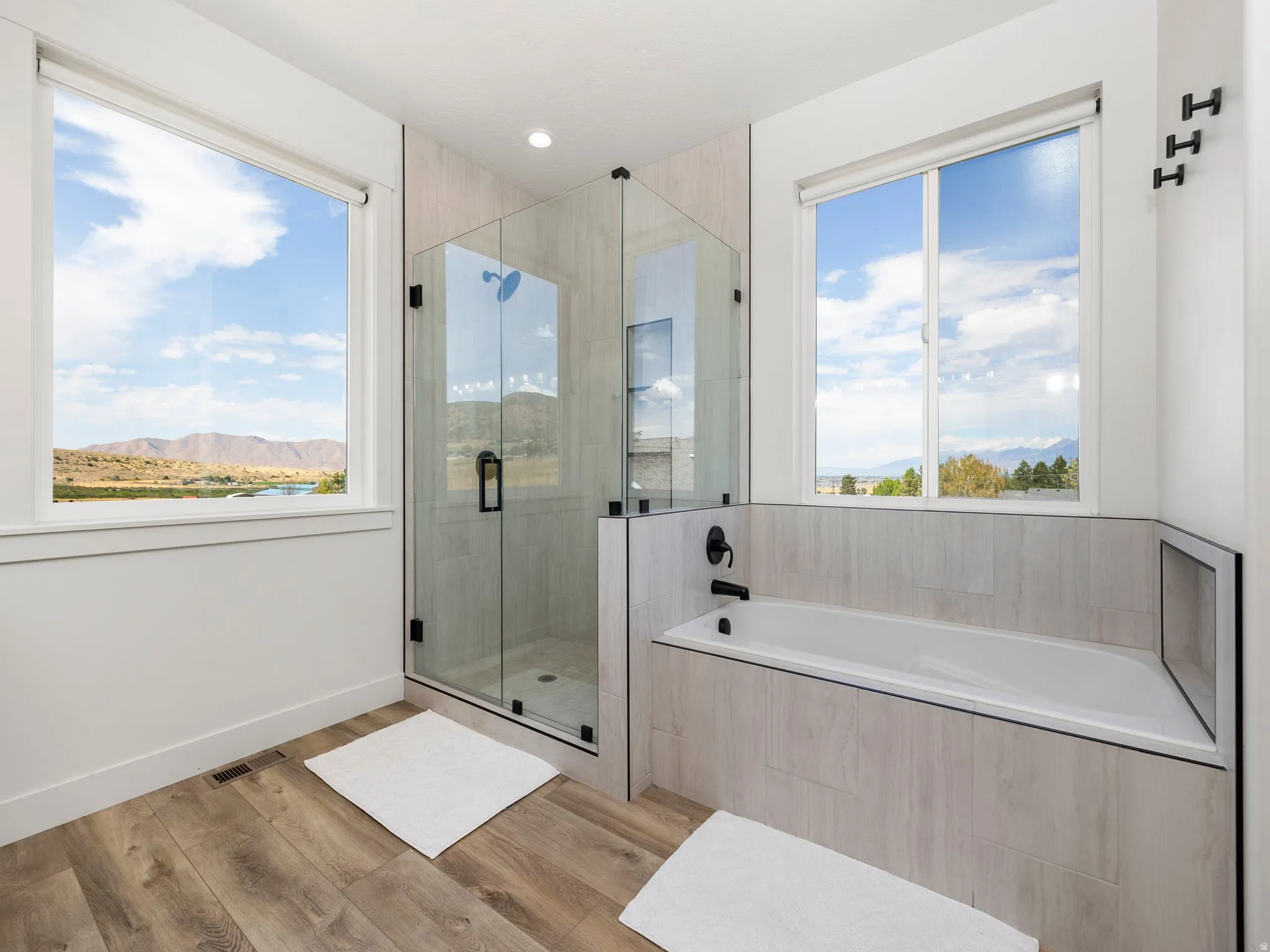Owners suite full bath featuring a bath, light wood-style flooring, a stall shower, a mountain view, and plenty of natural light