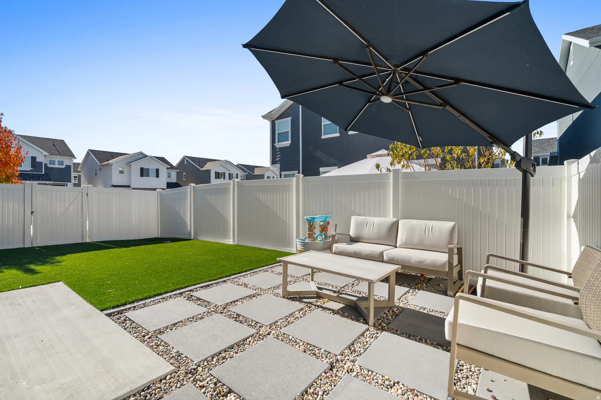 Fenced backyard featuring a patio area and a residential view