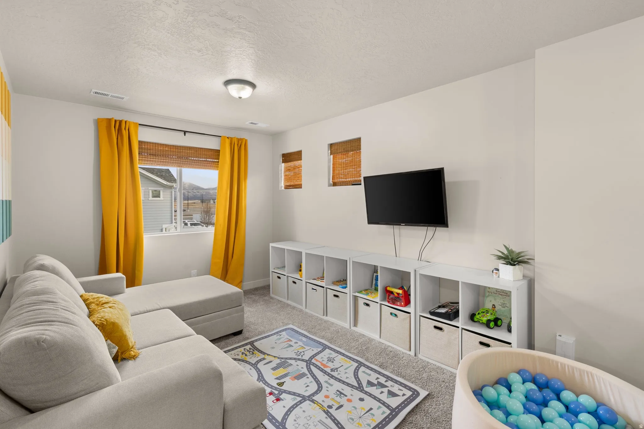 Carpeted living area with a textured ceiling