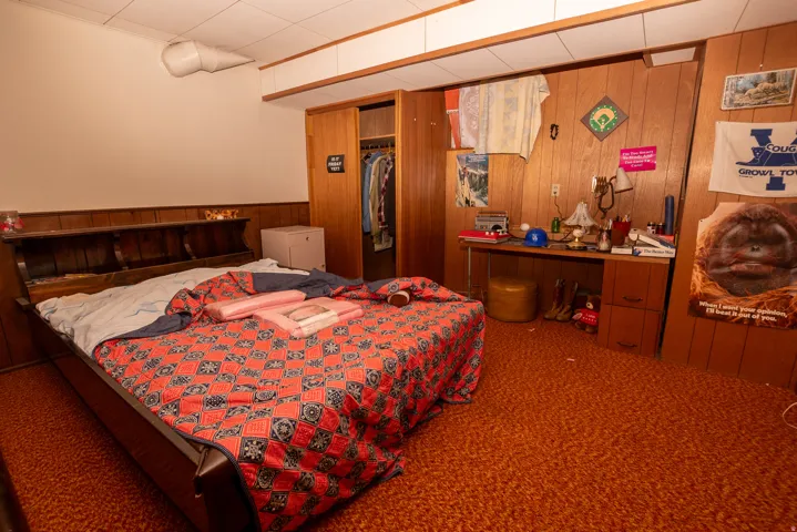 Bedroom with wooden walls and carpet