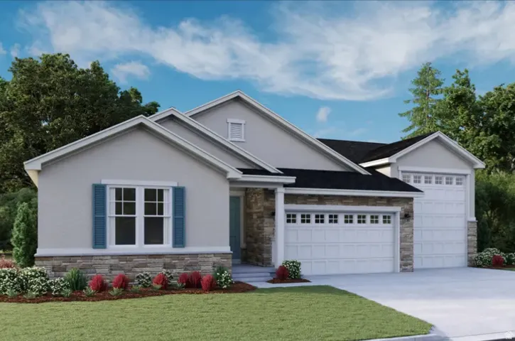 View of front of house with stone siding, a front lawn, an attached garage, and stucco siding