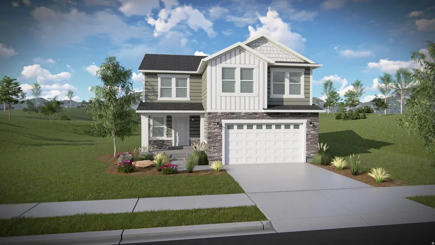 Craftsman house featuring board and batten siding, a front yard, driveway, covered porch, and a garage
