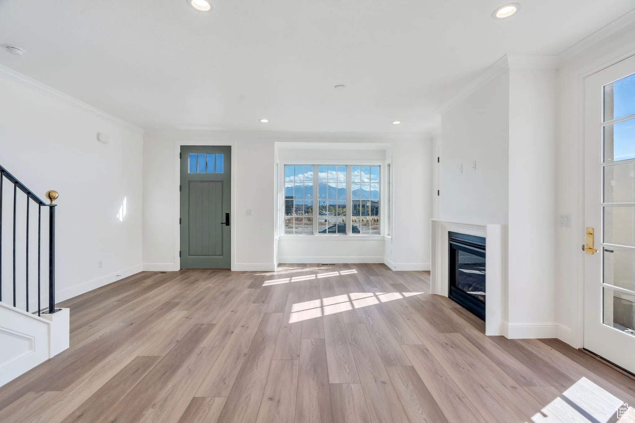 Spacious living room with fireplace and amazing views