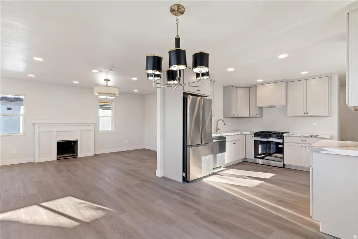 Kitchen with stainless steel appliances, recessed lighting, light wood finished floors, open floor plan, and a fireplace
