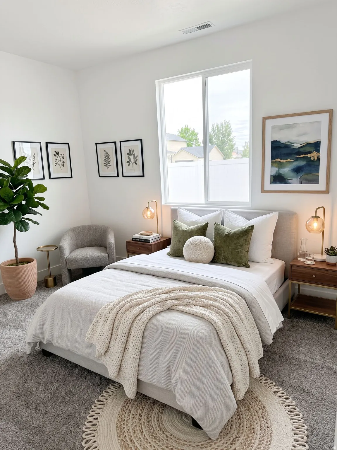 Ai Staged. Carpeted flooring, expansive window, recessed lighting, and white walls