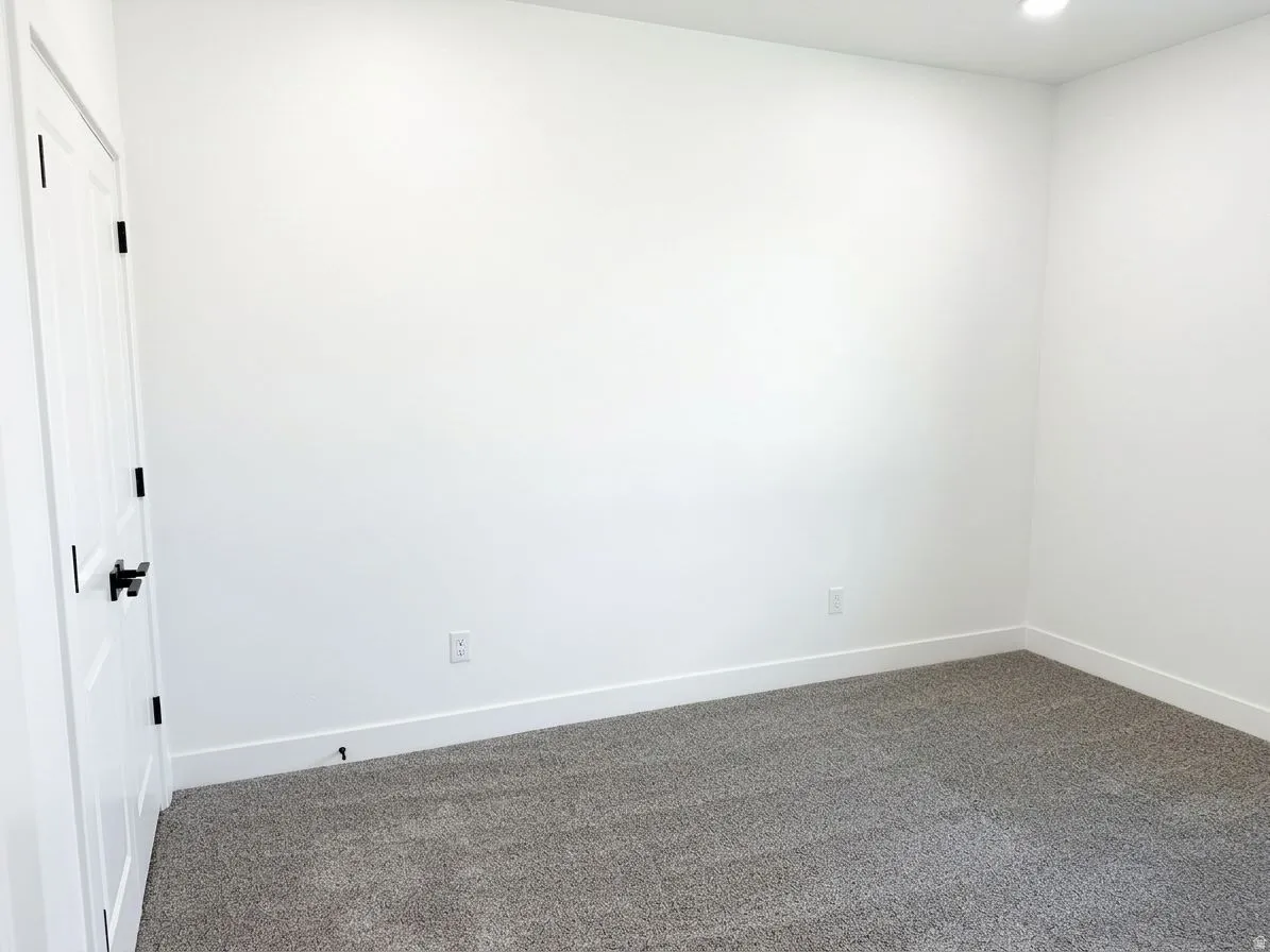 Neutral gray carpeting, white walls, and bright overhead lighting