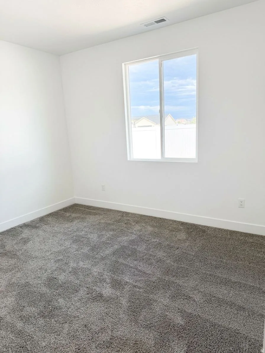 Neutral-toned carpeting, white painted walls, and a white framed window