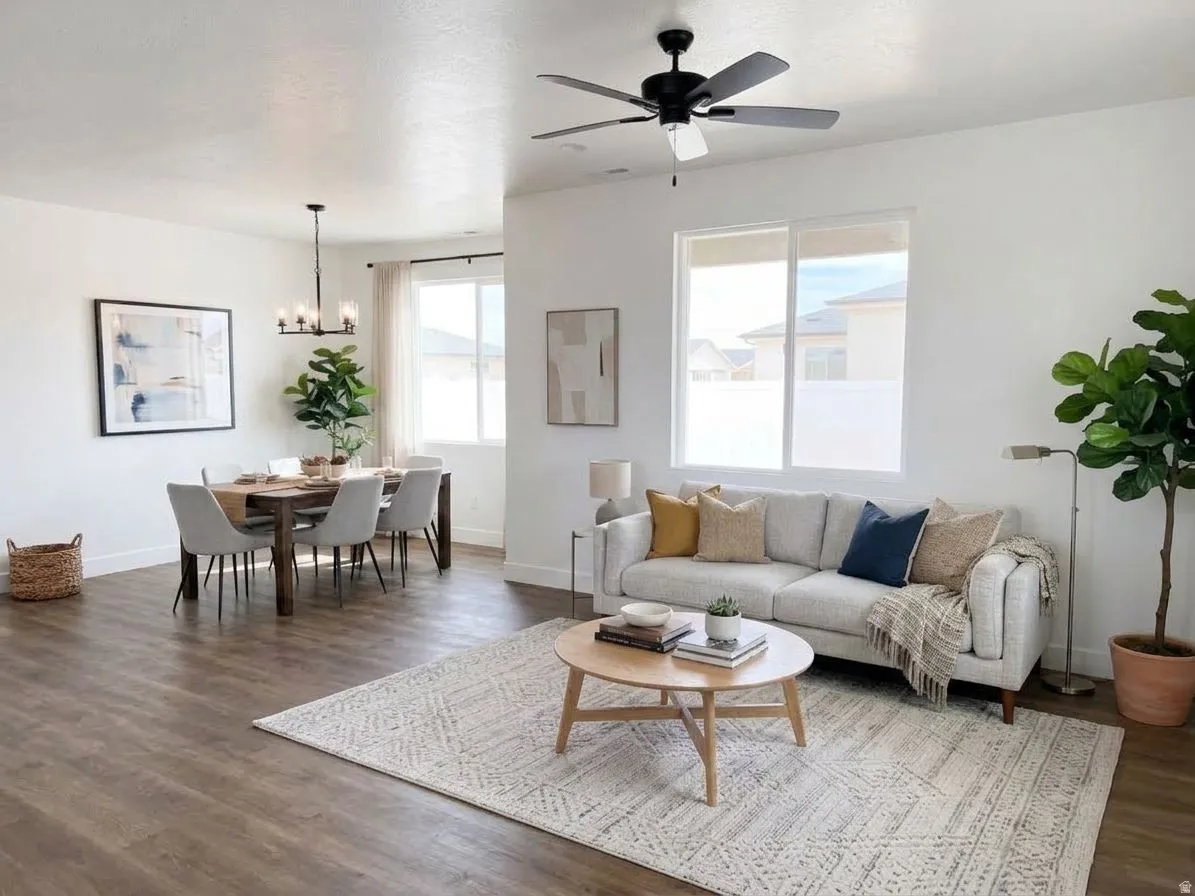 Ai Staged. Open-concept living space with wood-finish flooring