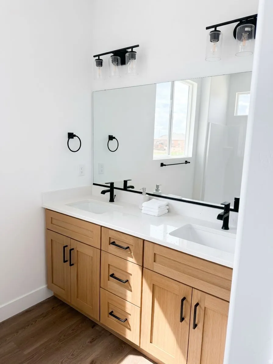 Dual vanity with a stone finish countertop, integrated rectangular sinks, and matte black fixtures