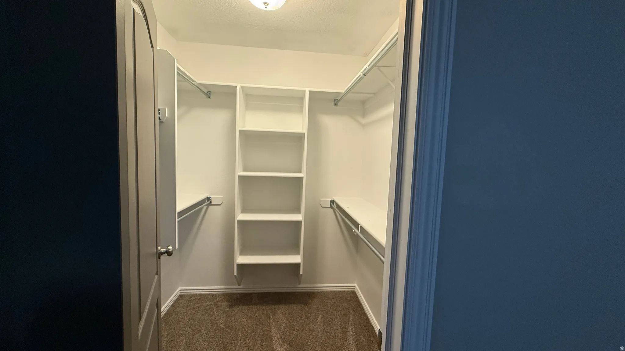 Walk in closet with dark colored carpet