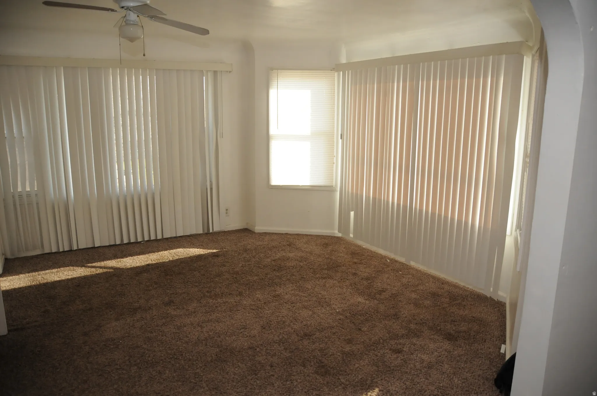 Carpeted spare room featuring ceiling fan
