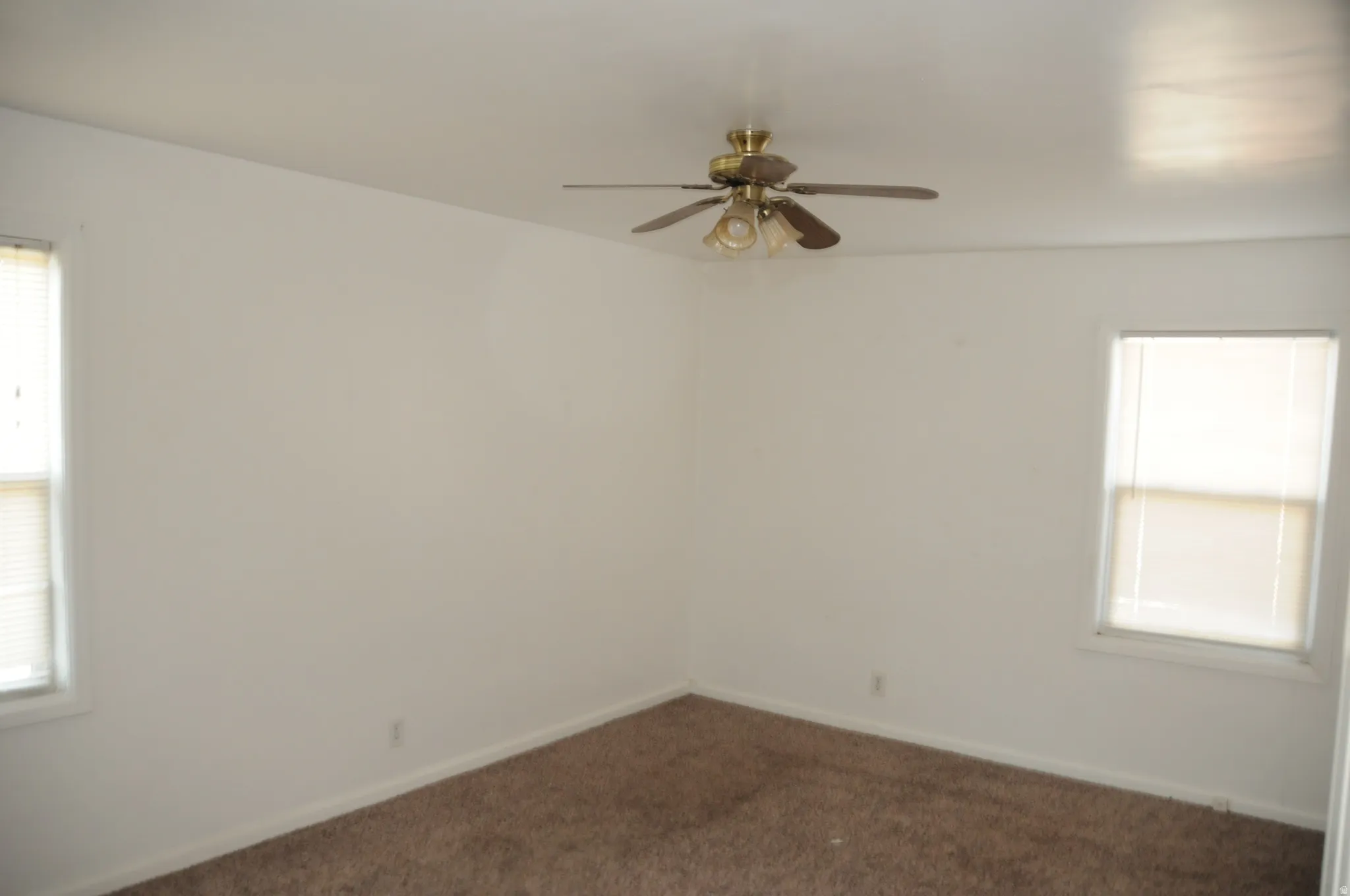 Spare room featuring plenty of natural light, dark carpet, and a ceiling fan