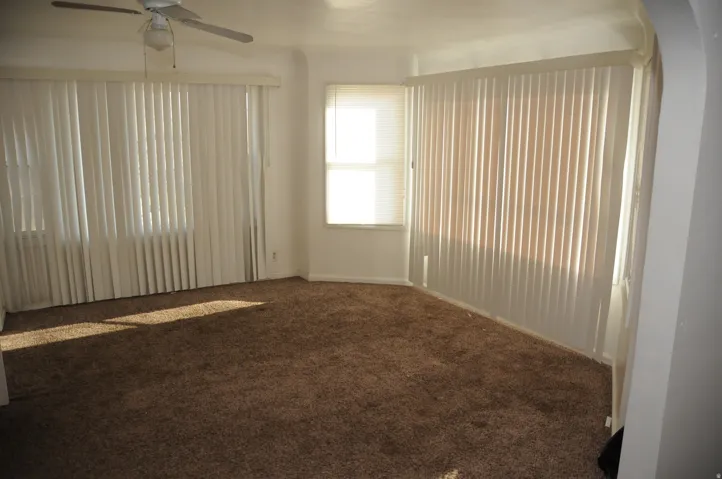 Carpeted spare room featuring ceiling fan