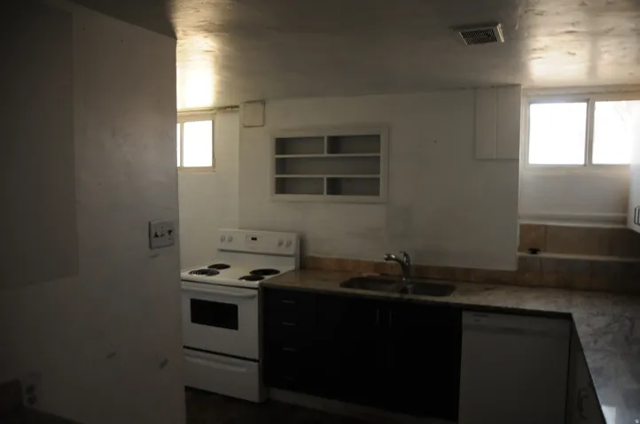 Kitchen with electric stove, stainless steel dishwasher, open shelves, and light stone countertops