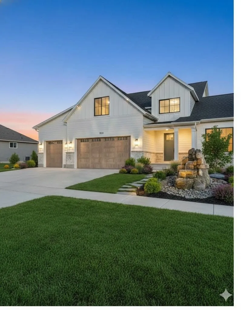 Virtually staged front yard landscape. Modern farmhouse style home featuring a front lawn, board and batten siding, concrete driveway, and stone siding