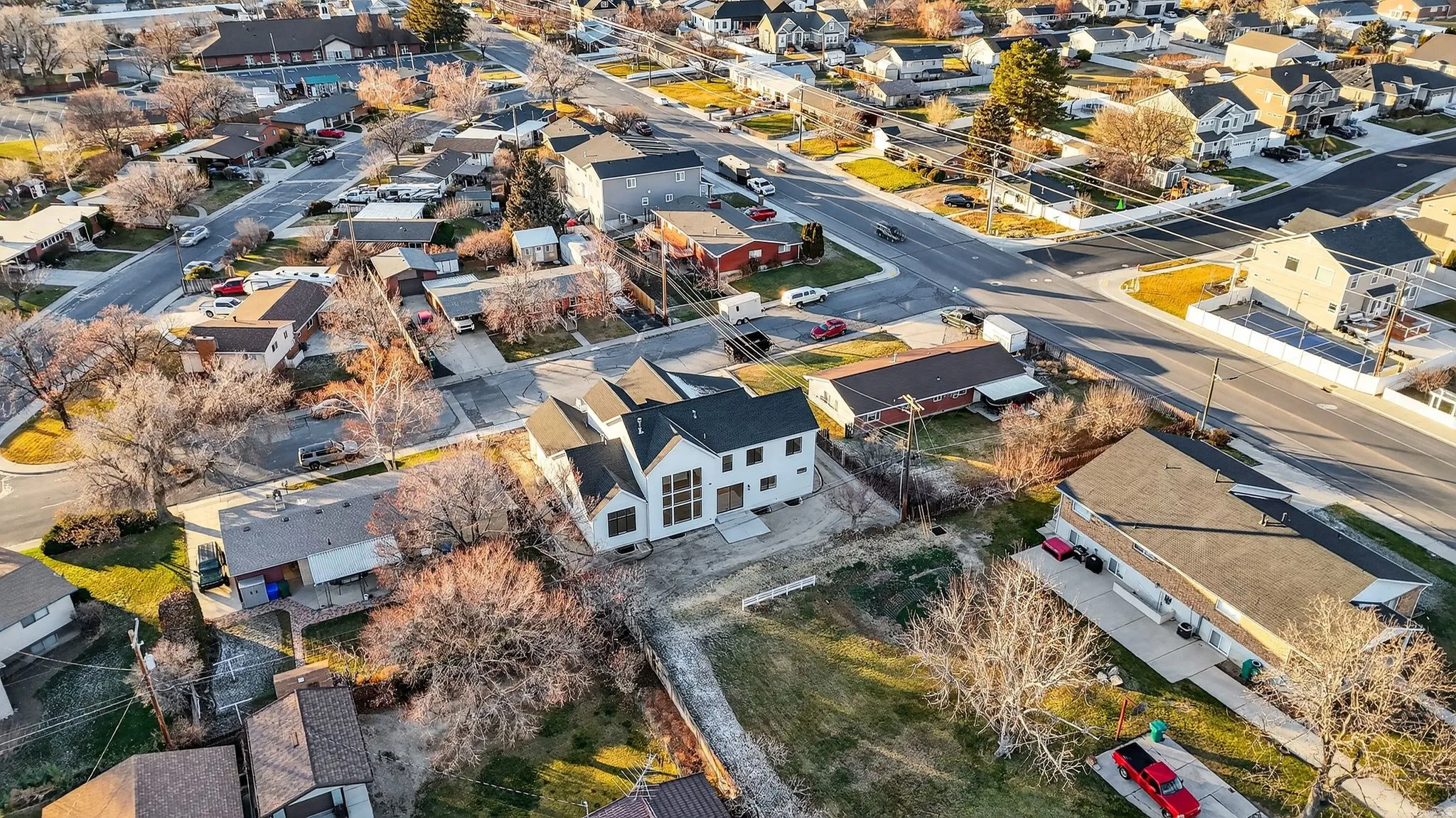 Aerial perspective of suburban area, 2 blocks to Elementary school.