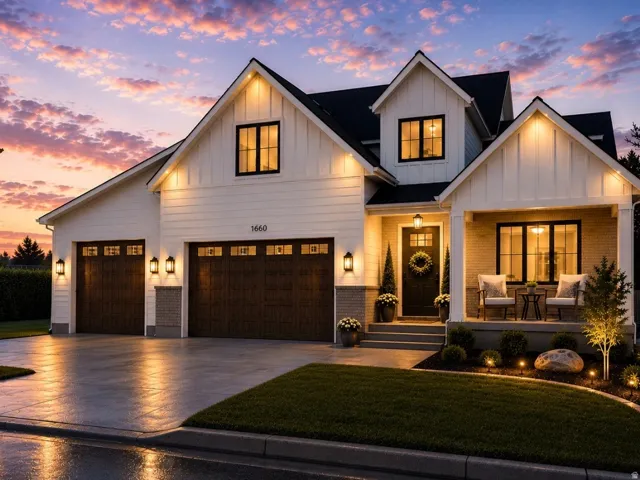 Modern farmhouse architecture featuring white siding with contrasting dark trim