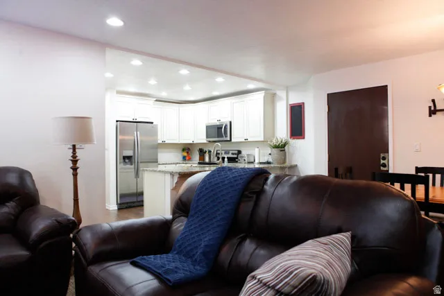 Living area featuring recessed lighting and dark wood-style flooring