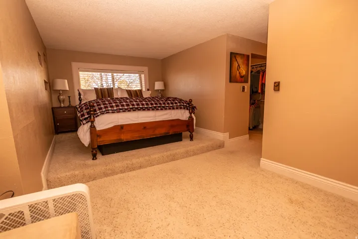 Bedroom with a spacious closet and a textured ceiling