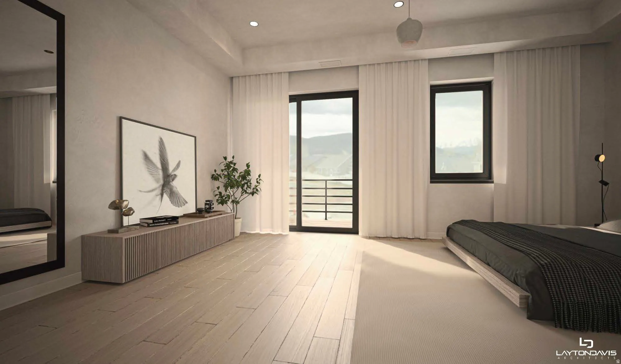 Bedroom featuring access to exterior, wood finished floors, and recessed lighting