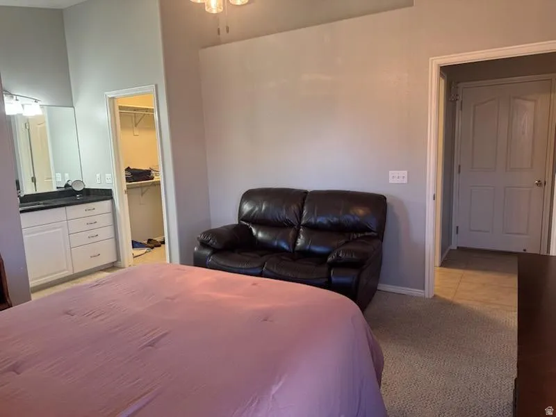 Bedroom featuring a spacious closet and light carpet