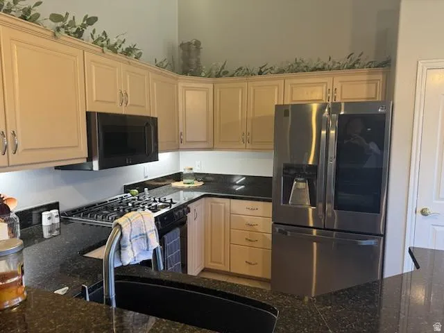 Kitchen with black appliances and dark stone counters