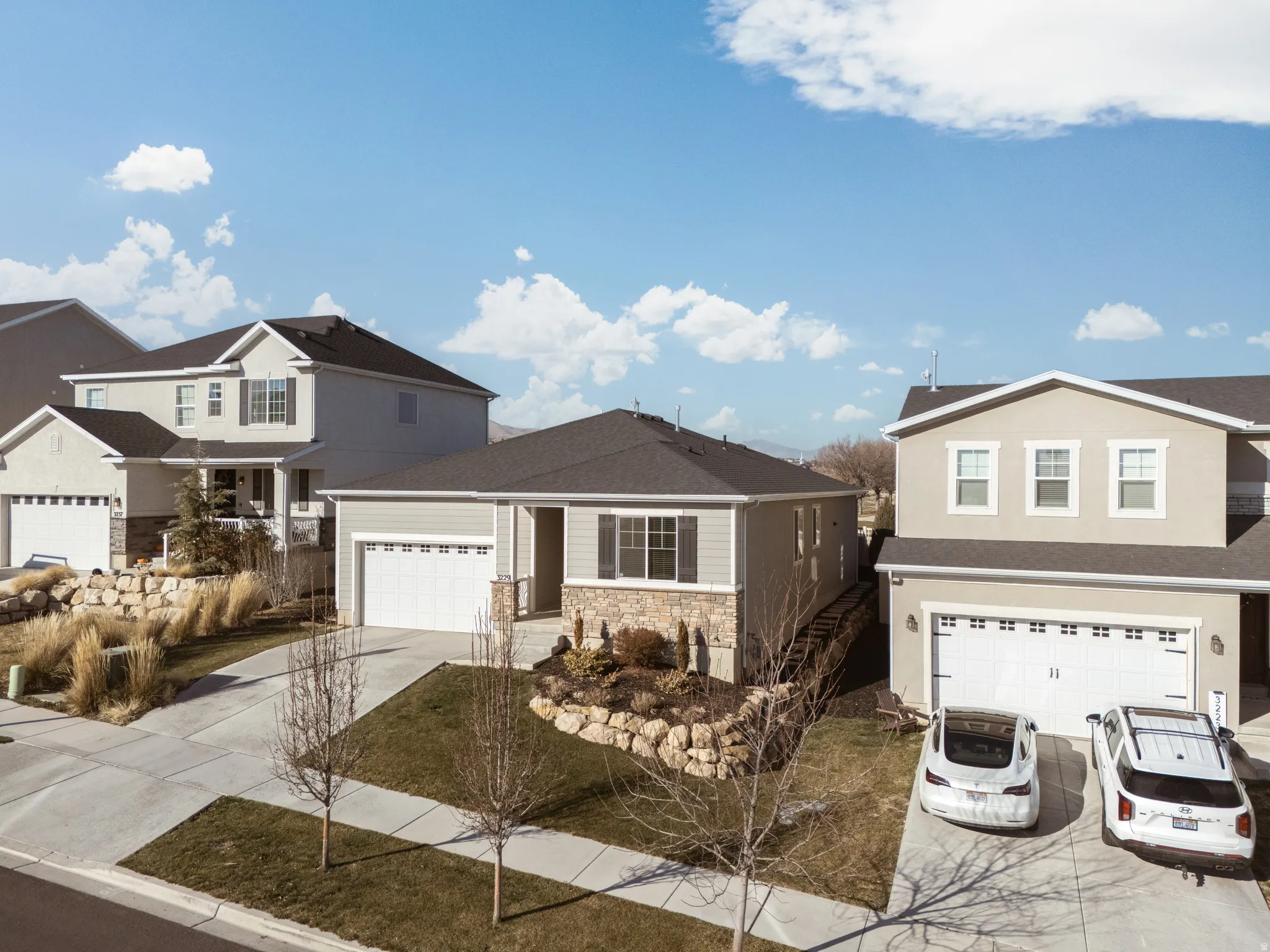 Traditional-style house with  garage, driveway, a residential view, stone siding and custom landscaping.