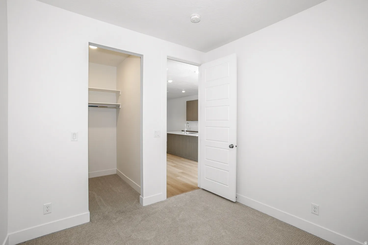 Unfurnished bedroom featuring a spacious closet and light colored carpet