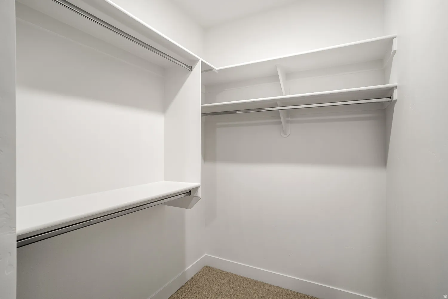 Walk in closet with light colored carpet