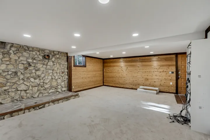 Below grade area with wood walls, carpet, and recessed lighting