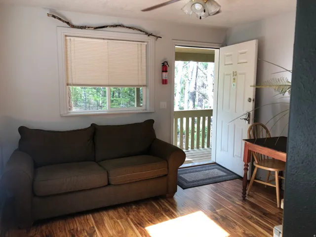 Living room with plenty of natural light, wood finished floors, and ceiling fan