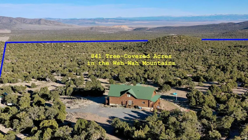 Log cabin style residence with a green metal roof, set on a large, tree-covered parcel