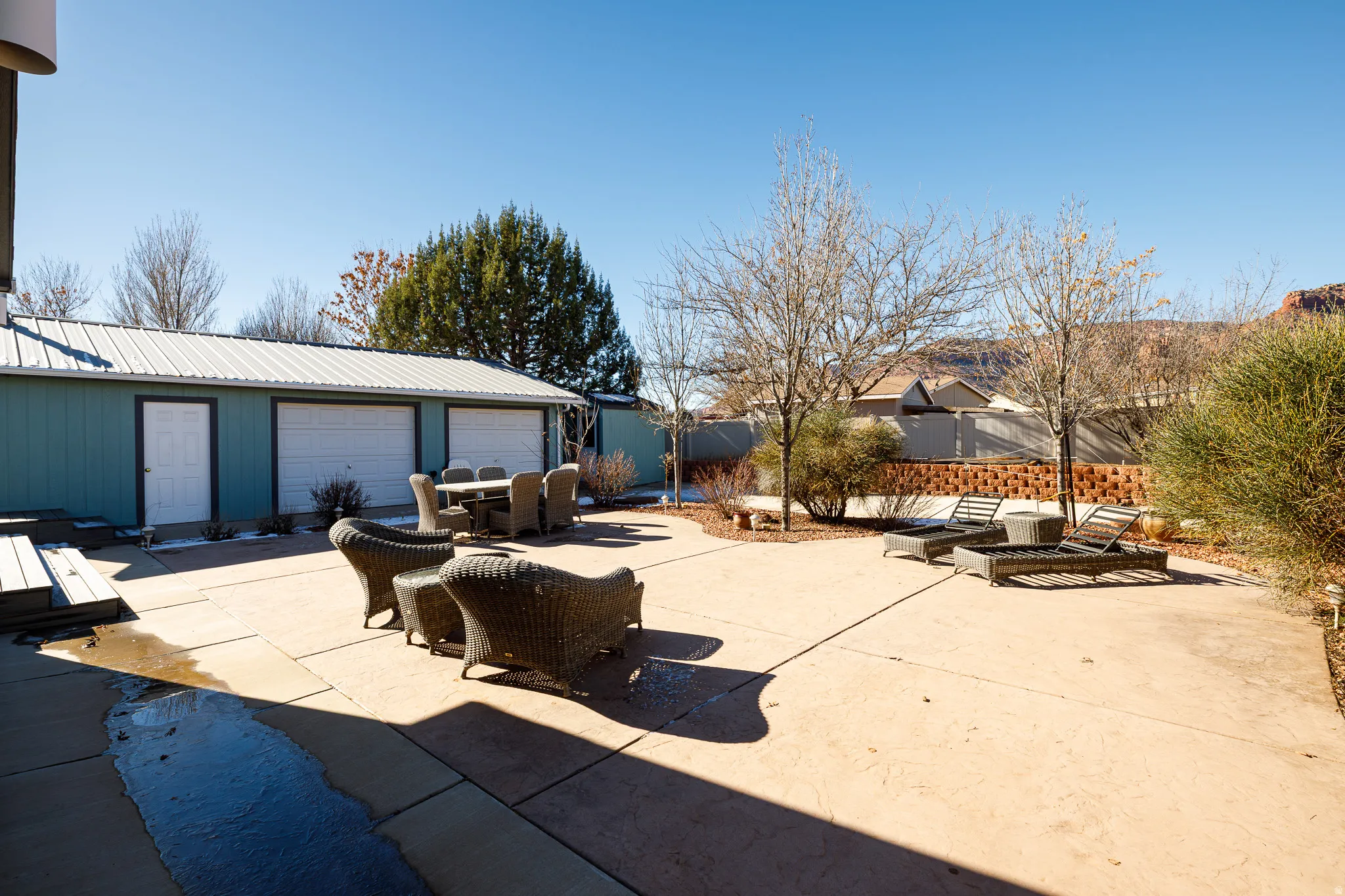 View of patio with stamped concrete finishes